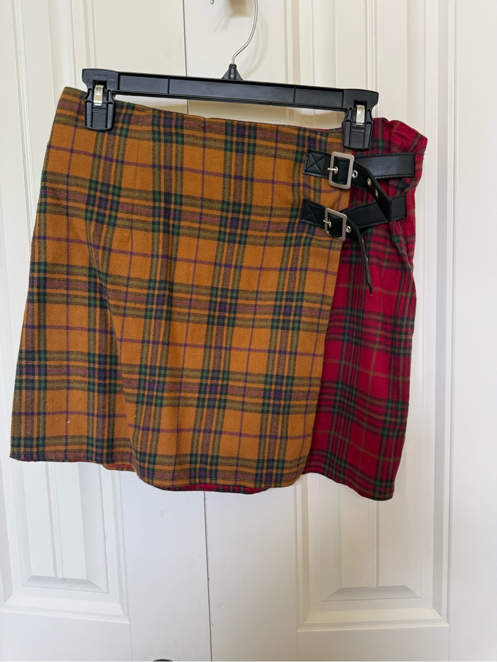 2-mini skirts for sale plaids Wrap Mini Skirt with Buckle Detail - Red & Mustard